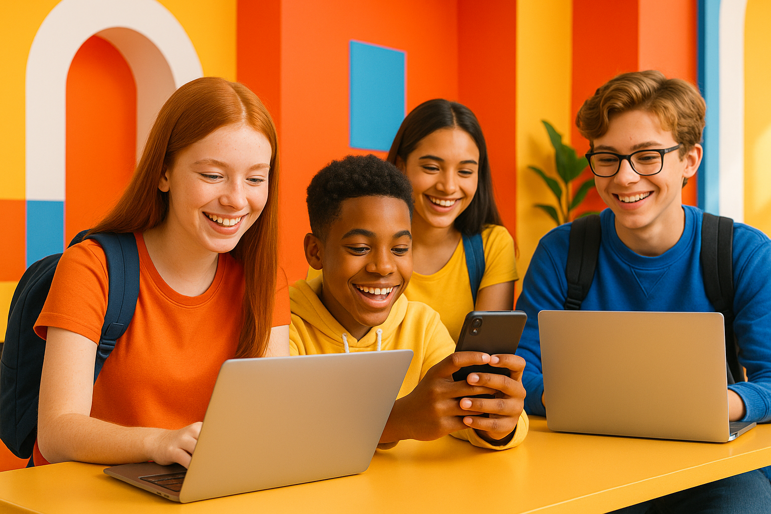 Bruk stilen moderne 3D-render med klare farger, slik som rød, gul og oransj som assosieres med Spania/Latin-Amerika, men balansert med hvitt og blått for roligere kontrast. Lag et bilde av smilende elever med laptop/mobil, litt fargerik og moderne stil slik at det appellerer til ungdomsskole- og videregående elever.