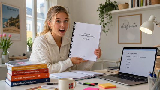 Elev uten forkunnskaper i spansk studerer med grammatikkurs og pensumbasert kurs og oppnår 6 i skriftlig eksamen