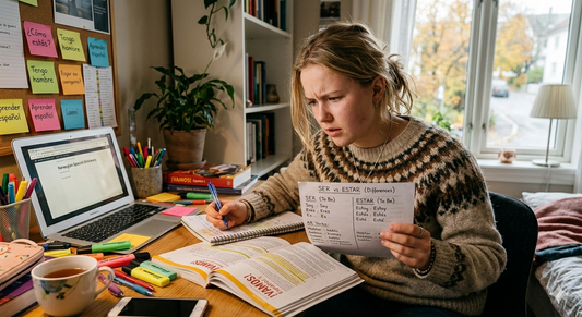 Elev som gjør spansk VG2 lekser og sliter med grammatikk og oppgaver
